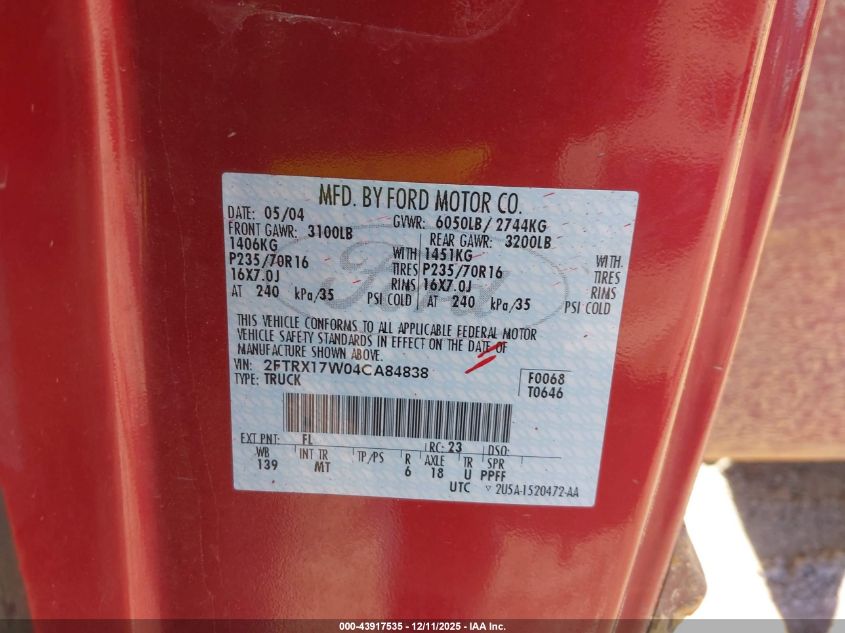 2004 Ford F-150 Heritage Xl/Xlt VIN: 2FTRX17W04CA84838 Lot: 43917535