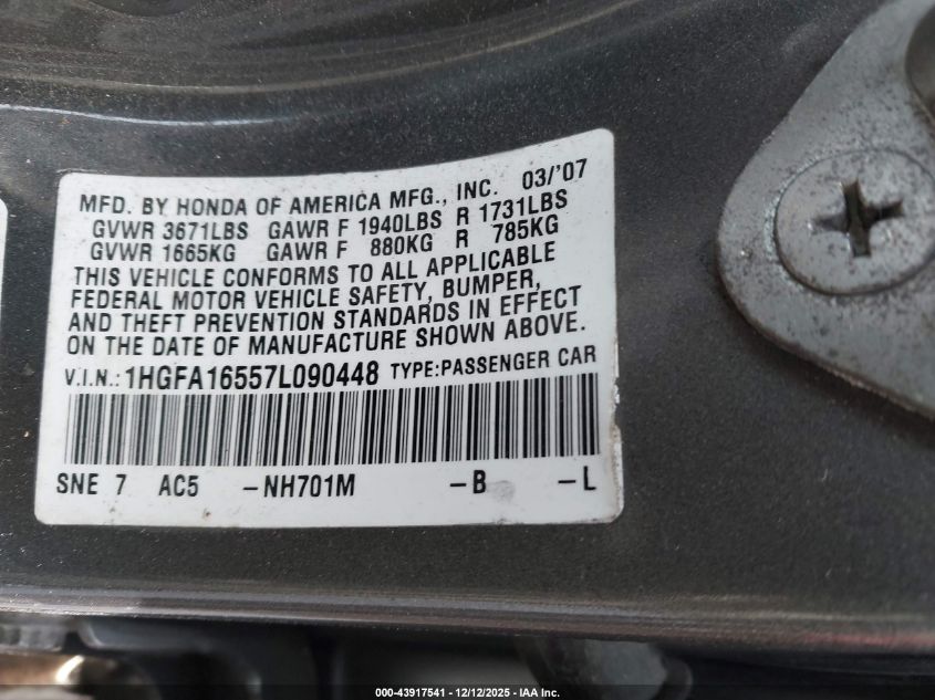2007 Honda Civic Lx VIN: 1HGFA16557L090448 Lot: 43917541