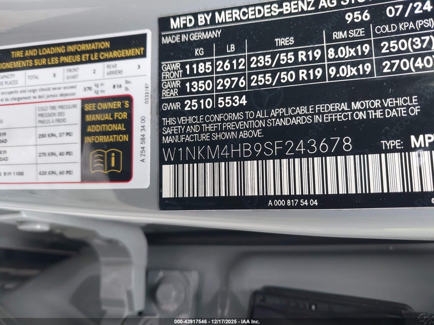 2025 MERCEDES-BENZ GLC 300 2.0L I-4 DI, DOHC, V(VIN: W1NKM4HB9SF243678