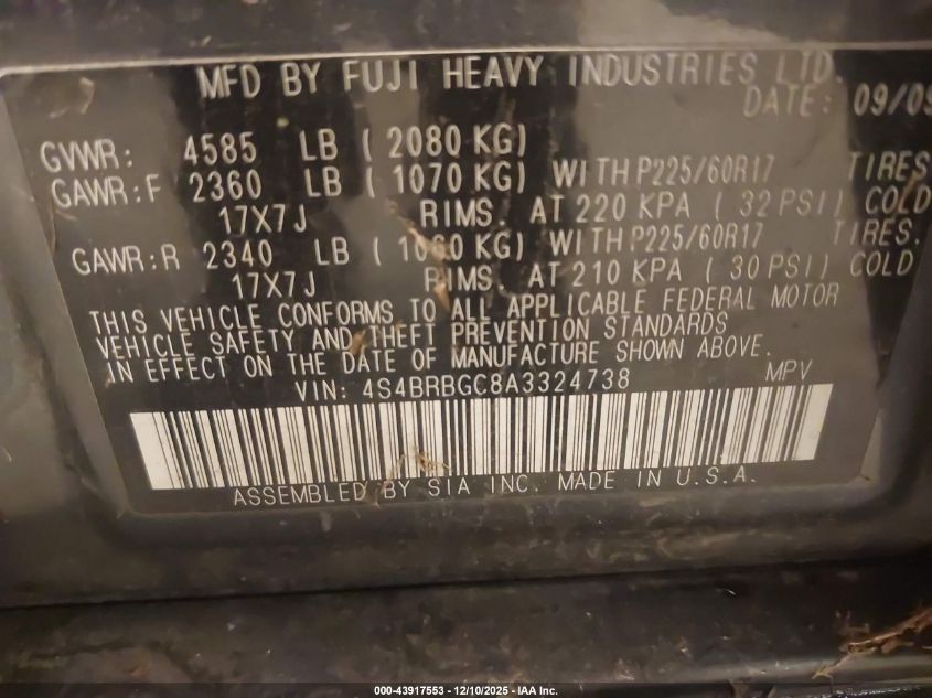 2010 Subaru Outback 2.5I Premium VIN: 4S4BRBGC8A3324738 Lot: 43917553