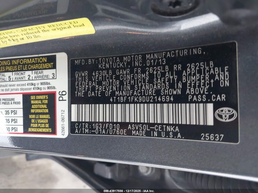 2013 Toyota Camry Le VIN: 4T1BF1FK9DU214694 Lot: 43917556