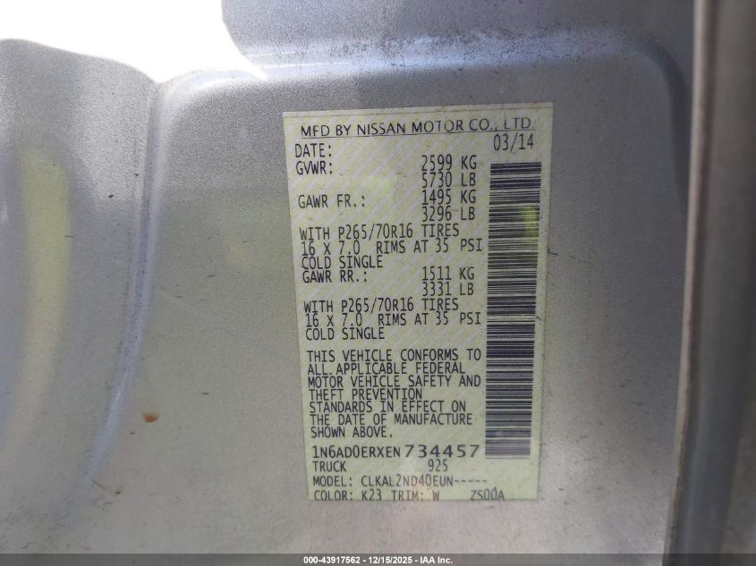2014 Nissan Frontier Sv VIN: 1N6AD0ERXEN734457 Lot: 43917562