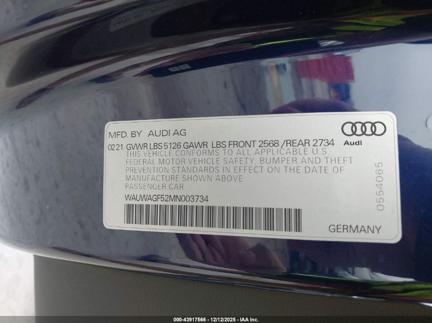 2021 Audi A5 Cabriolet Premium Plus 45 Tfsi Quattro S Tronic VIN: WAUWAGF52MN003734 Lot: 43917566