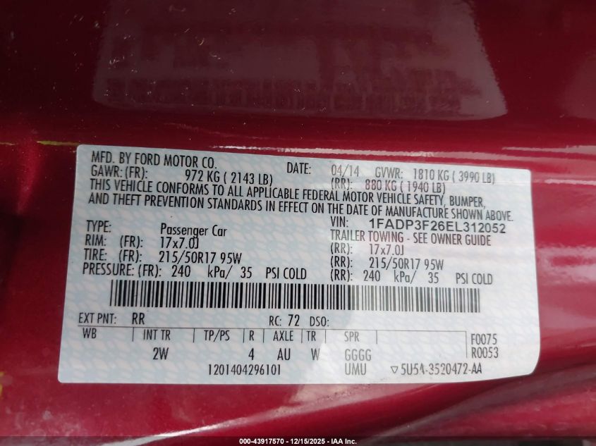 2014 Ford Focus Se VIN: 1FADP3F26EL312052 Lot: 43917570