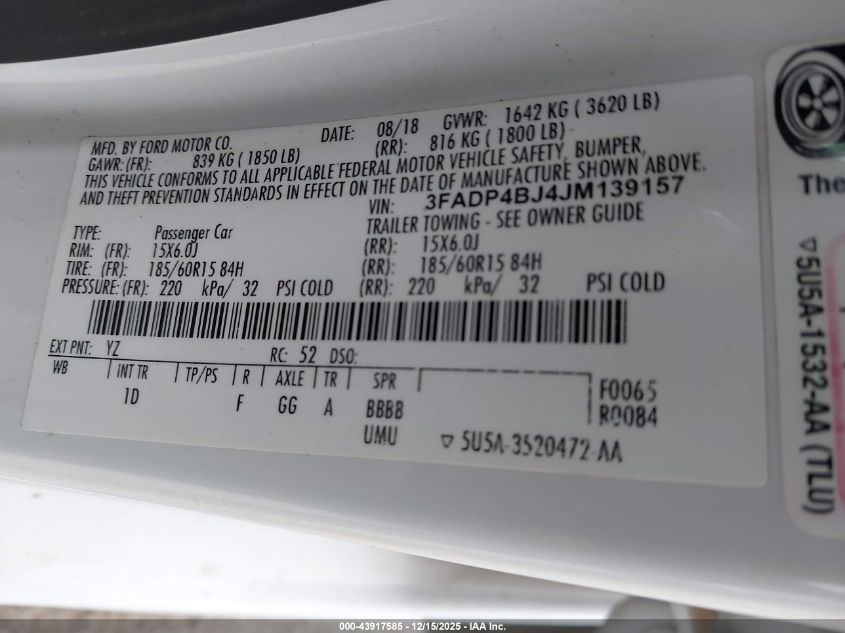 2018 Ford Fiesta Se VIN: 3FADP4BJ4JM139157 Lot: 43917585