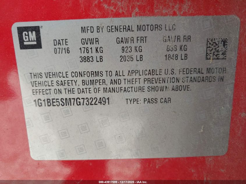 2016 Chevrolet Cruze Lt Auto VIN: 1G1BE5SM7G7322491 Lot: 43917599