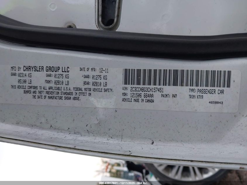 2012 Chrysler 300 S V6 VIN: 2C3CCABG3CH157451 Lot: 43917601