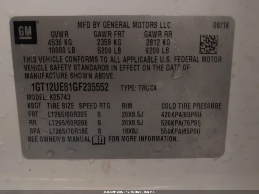 2016 GMC Sierra 2500Hd Denali VIN: 1GT12UE81GF235552 Lot: 43917602