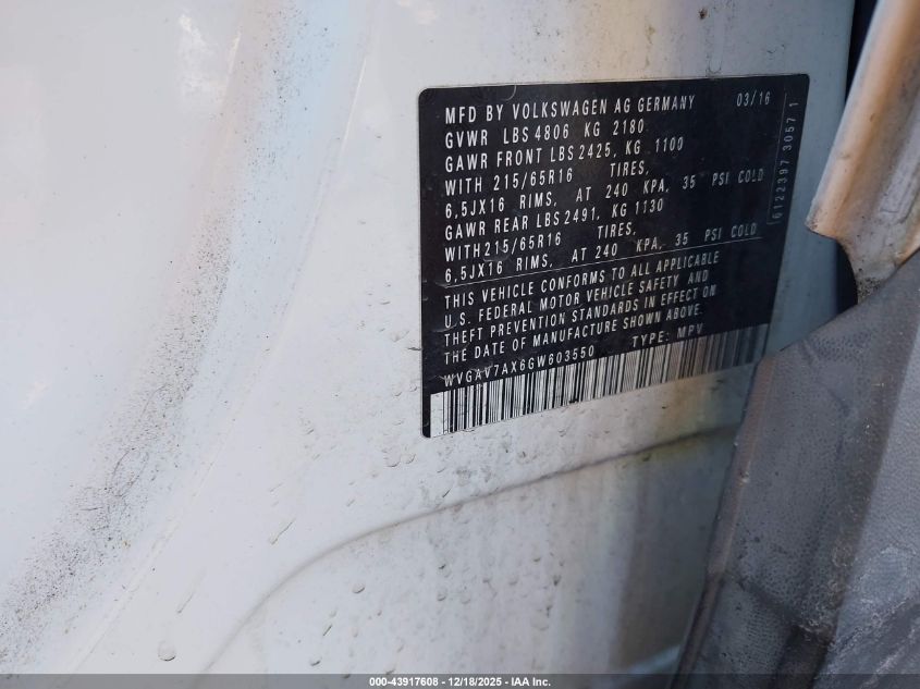 2016 Volkswagen Tiguan S VIN: WVGAV7AX6GW603550 Lot: 43917608