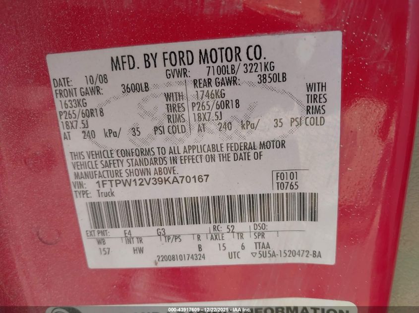 2009 Ford F-150 King Ranch/Lariat/Platinum/Xl/Xlt VIN: 1FTPW12V39KA70167 Lot: 43917609