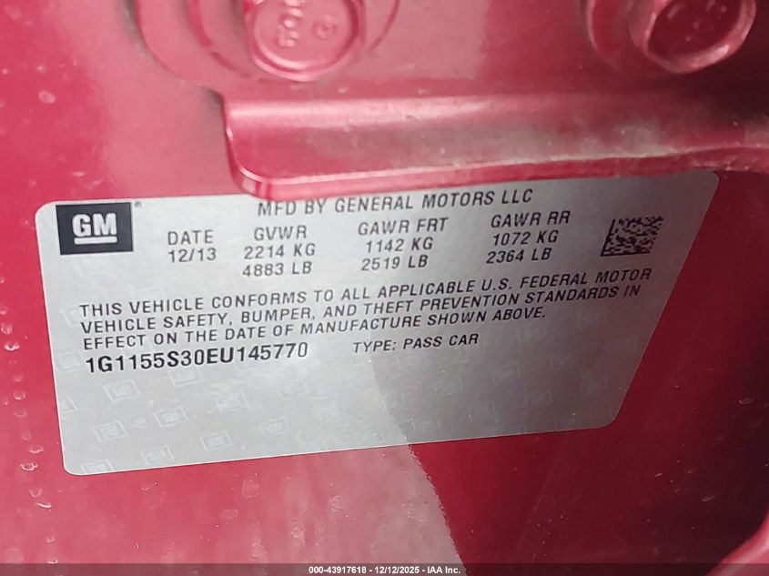 2014 Chevrolet Impala 2Lz VIN: 1G1155S30EU145770 Lot: 43917618