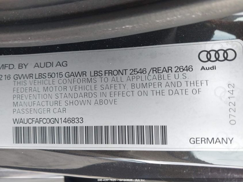2016 Audi A6 2.0T Premium VIN: WAUCFAFC0GN146833 Lot: 43917625