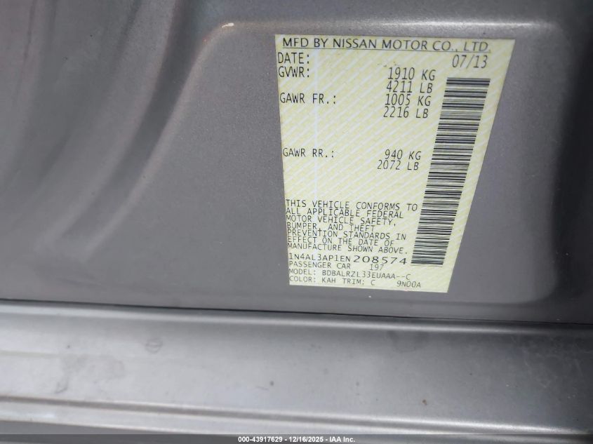 2014 Nissan Altima 2.5 S VIN: 1N4AL3AP1EN208574 Lot: 43917629