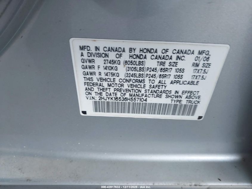 2006 Honda Ridgeline Rtl VIN: 2HJYK16536H557104 Lot: 43917632