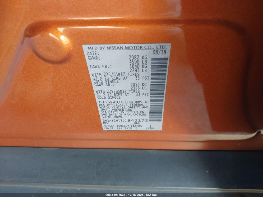 2018 Nissan Rogue Sv VIN: 5N1AT2MT3JC842175 Lot: 43917637