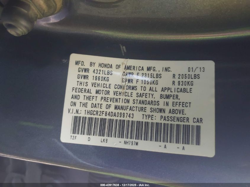 2013 Honda Accord Sdn Ex-L VIN: 1HGCR2F84DA099743 Lot: 43917638