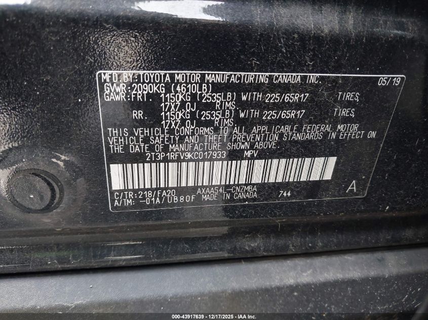 2019 Toyota Rav4 Xle VIN: 2T3P1RFV9KC017933 Lot: 43917639