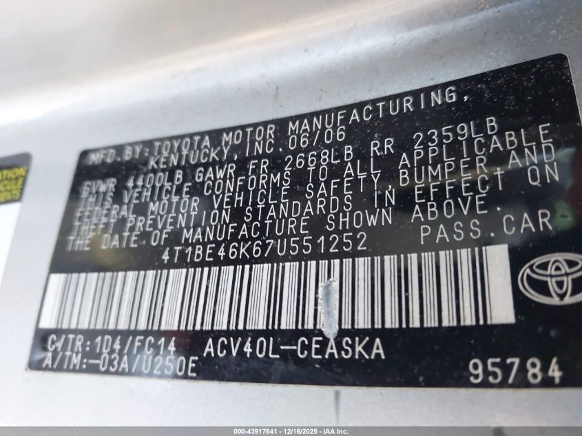 2007 Toyota Camry Se VIN: 4T1BE46K67U551252 Lot: 43917641