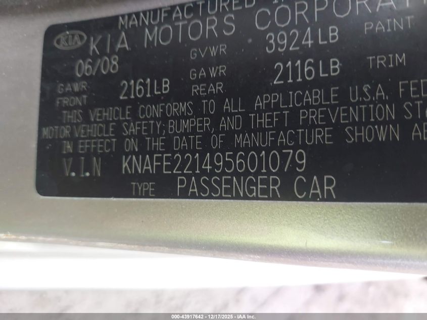 2009 Kia Spectra Ex VIN: KNAFE221495601079 Lot: 43917642