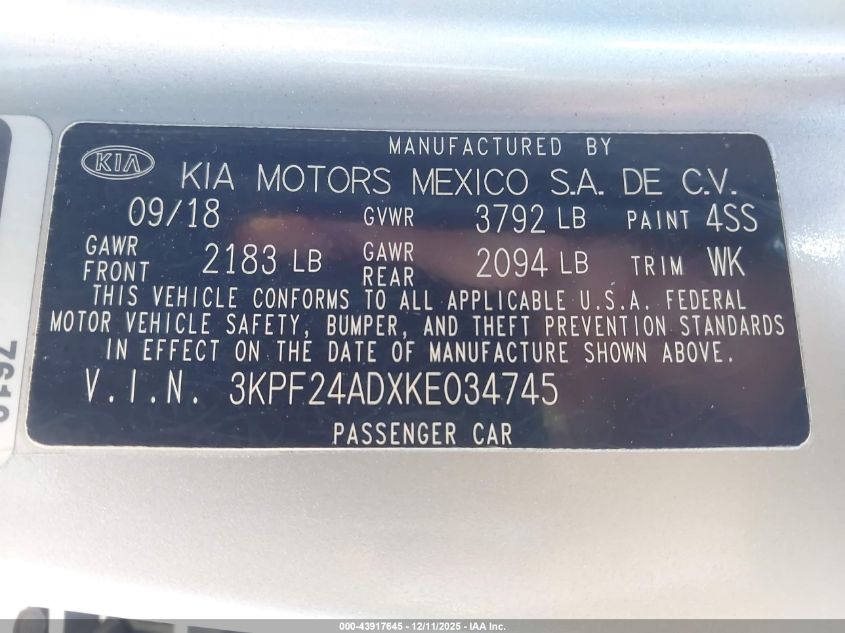 2019 Kia Forte Lxs VIN: 3KPF24ADXKE034745 Lot: 43917645