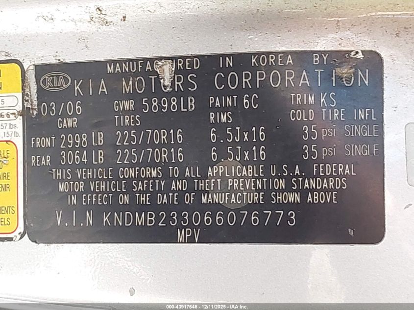 2006 Kia Sedona Ex/Lx VIN: KNDMB233066076773 Lot: 43917646