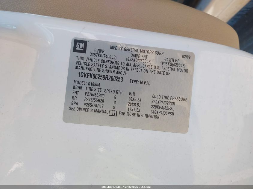 2009 GMC Yukon Xl 1500 Denali VIN: 1GKFK06259R200253 Lot: 43917648