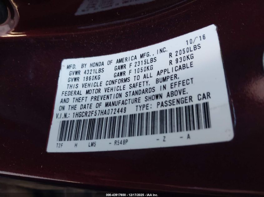 2017 Honda Accord Sport VIN: 1HGCR2F57HA072449 Lot: 43917658