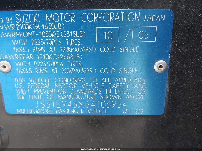 2006 Suzuki Grand Vitara Premium VIN: JS3TE943X64103954 Lot: 43917660