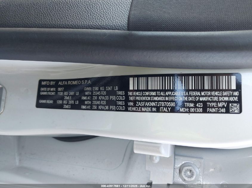 2018 Alfa Romeo Stelvio Ti Sport Awd VIN: ZASFAKNN7J7B70590 Lot: 43917661