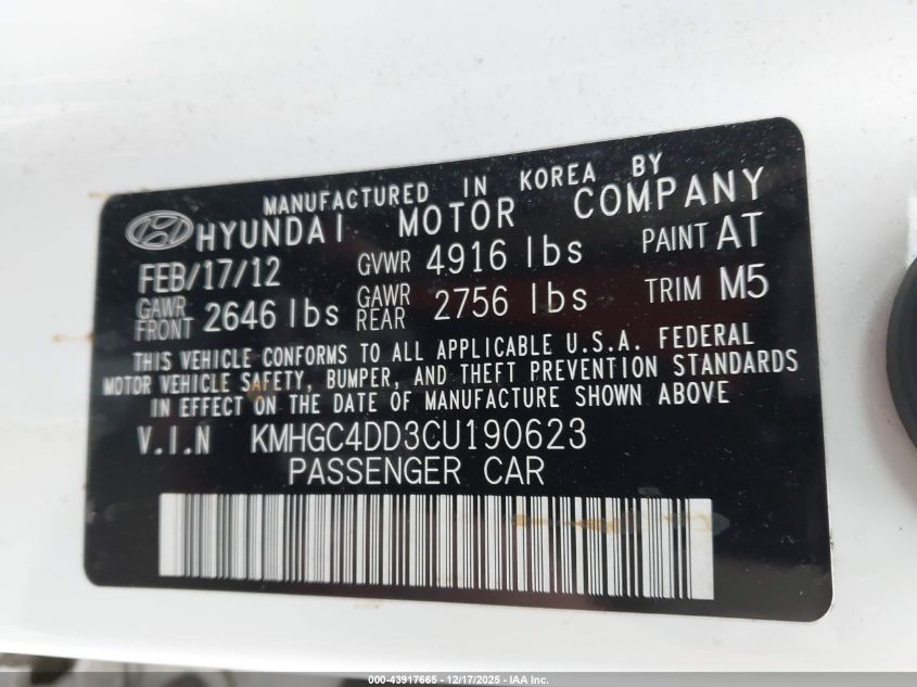 2012 Hyundai Genesis 3.8 VIN: KMHGC4DD3CU190623 Lot: 43917665