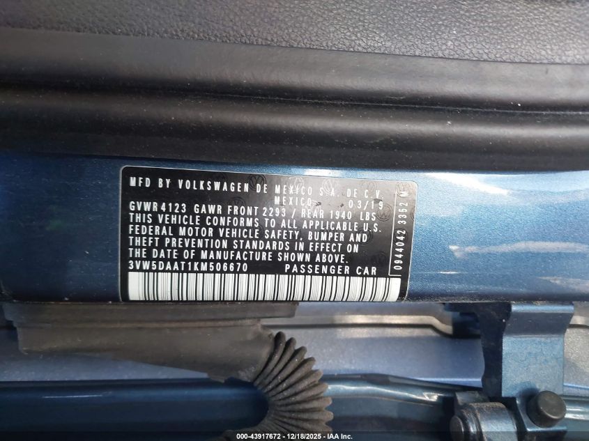 2019 Volkswagen Beetle 2.0T Final Edition Se/2.0T Final Edition Sel/2.0T S/2.0T Se VIN: 3VW5DAAT1KM506670 Lot: 43917672