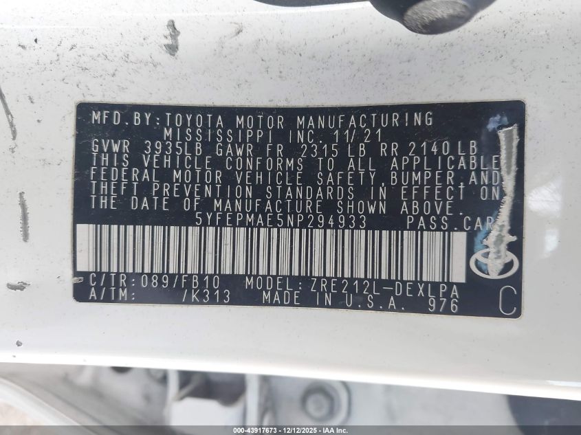 2022 Toyota Corolla Le VIN: 5YFEPMAE5NP294933 Lot: 43917673