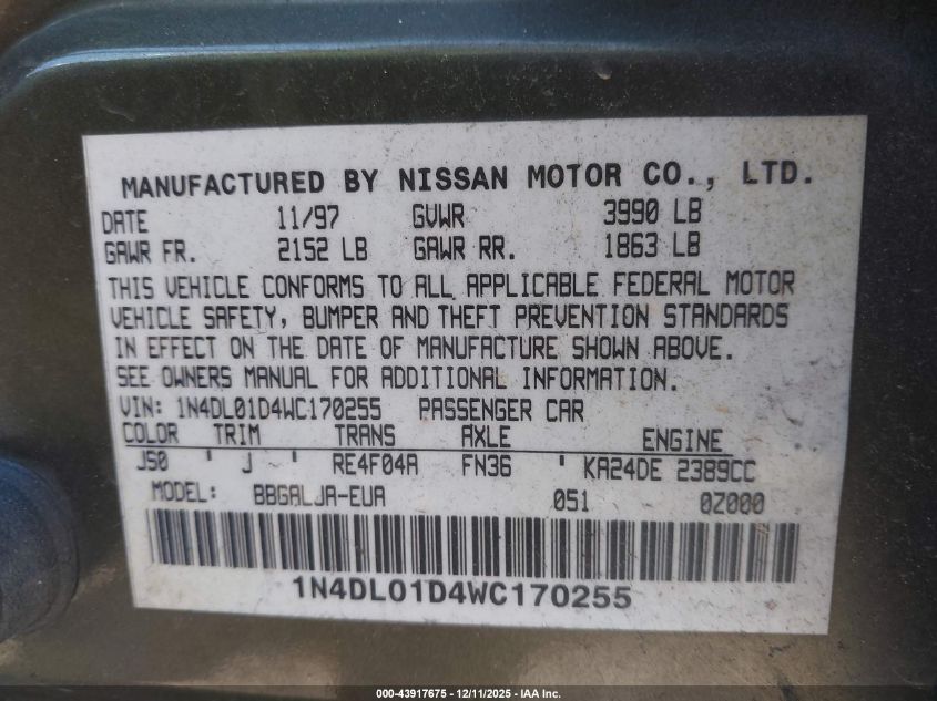 1998 Nissan Altima Gle/Gxe/Se/Xe VIN: 1N4DL01D4WC170255 Lot: 43917675