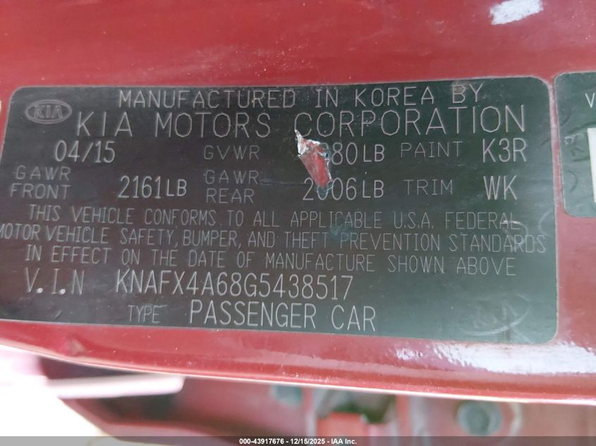 2016 Kia Forte Lx VIN: KNAFX4A68G5438517 Lot: 43917676