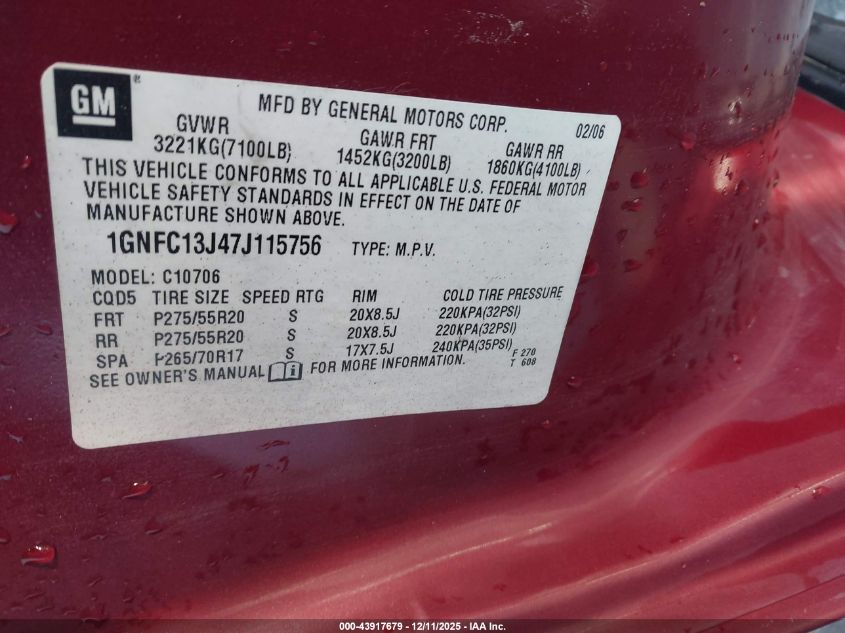 2007 Chevrolet Tahoe Ltz VIN: 1GNFC13J47J115756 Lot: 43917679