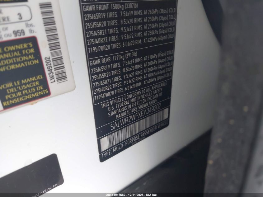 2014 Land Rover Range Rover Sport 3.0L V6 Supercharged Hse VIN: SALWR2WFXEA349202 Lot: 43917682