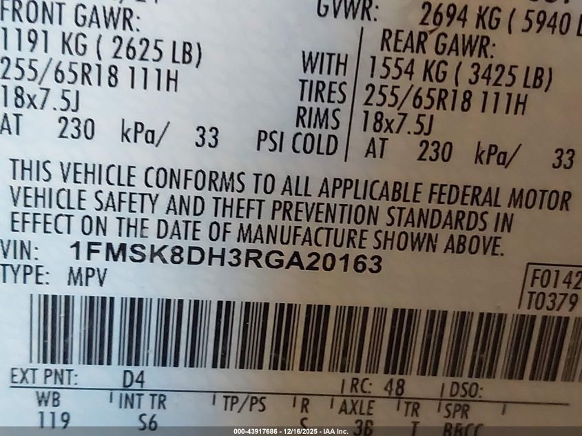 2024 Ford Explorer Xlt VIN: 1FMSK8DH3RGA20163 Lot: 43917686