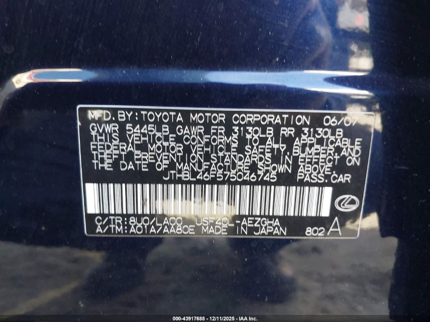 2007 Lexus Ls 460 VIN: JTHBL46F575046745 Lot: 43917688