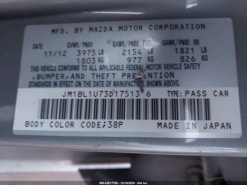 2013 Mazda Mazda3 I Sport VIN: JM1BL1U73D1751316 Lot: 43917708