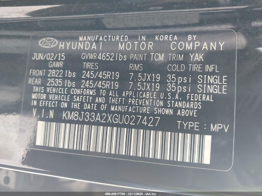 2016 Hyundai Tucson Limited VIN: KM8J33A2XGU027427 Lot: 43917709