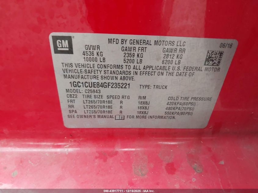 2016 Chevrolet Silverado 2500Hd Wt VIN: 1GC1CUE84GF235221 Lot: 43917711