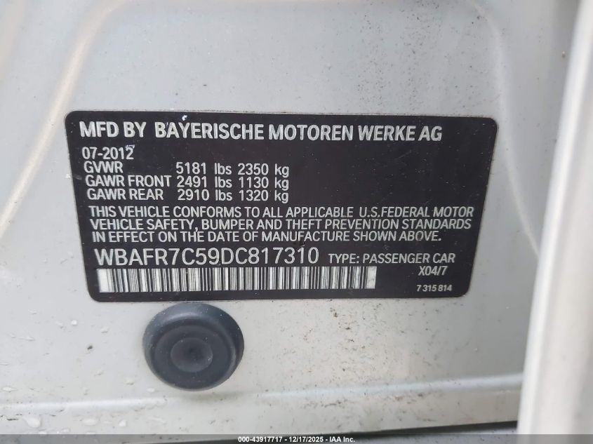 2013 BMW 535I VIN: WBAFR7C59DC817310 Lot: 43917717