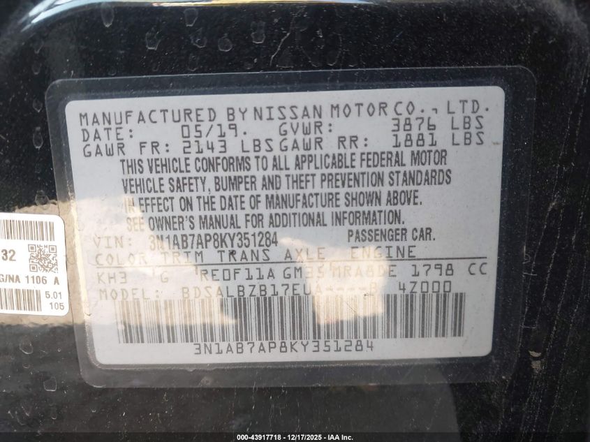 2019 Nissan Sentra S VIN: 3N1AB7AP8KY351284 Lot: 43917718