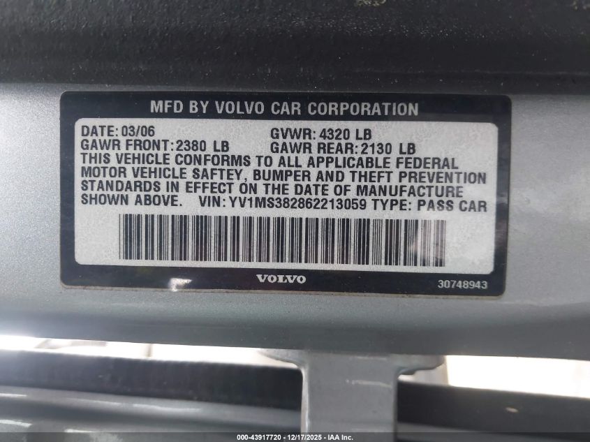 2006 Volvo S40 2.4I VIN: YV1MS3828622130S9 Lot: 43917720