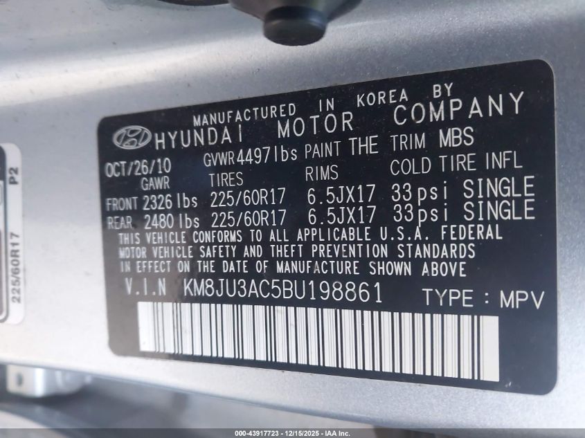 2011 Hyundai Tucson Gls VIN: KM8JU3AC5BU198861 Lot: 43917723