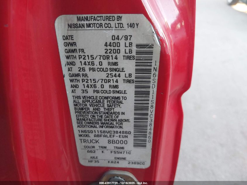 1997 Nissan 4X2 Truck Xe VIN: 1N6SD11S8VC384860 Lot: 43917729