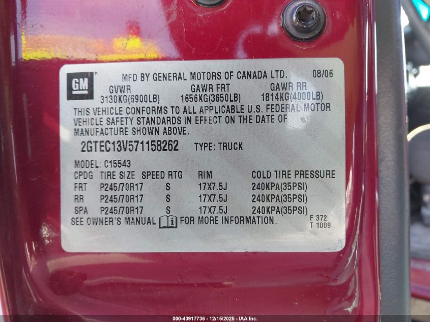 2007 GMC Sierra 1500 Classic Sl VIN: 2GTEC13V571158262 Lot: 43917736