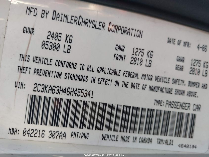 2006 Chrysler 300C VIN: 2C3KA63H46H455341 Lot: 43917738