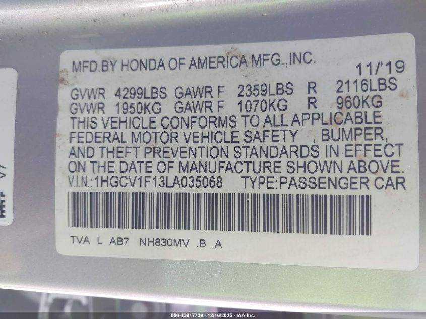 2020 Honda Accord Lx VIN: 1HGCV1F13LA035068 Lot: 43917739