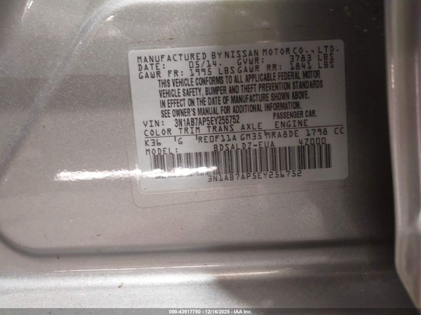 2014 Nissan Sentra Sv VIN: 3N1AB7AP5EY256752 Lot: 43917750